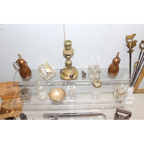 1708 - Qty of assorted mixed interesting items to inc various inkwells, metal coat hooks, meat skewers etc