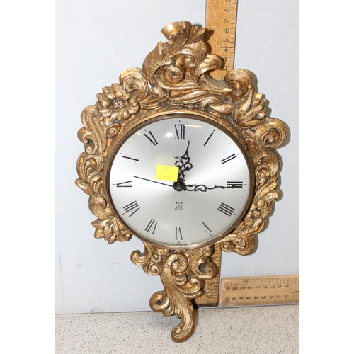 1333 - 2 vintage mantle clocks & a gilt framed wall clock