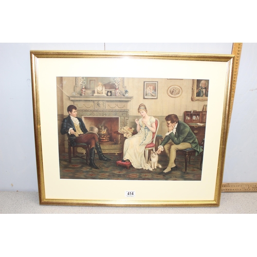 414 - Oil on board of a lake signed C Desbourough & 3 Victorian style prints