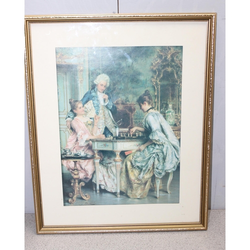 414 - Oil on board of a lake signed C Desbourough & 3 Victorian style prints