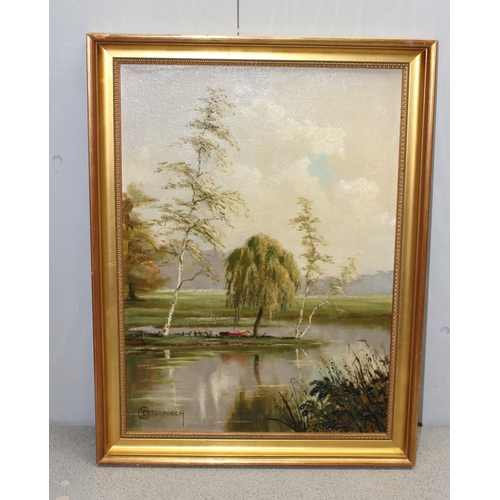 414 - Oil on board of a lake signed C Desbourough & 3 Victorian style prints