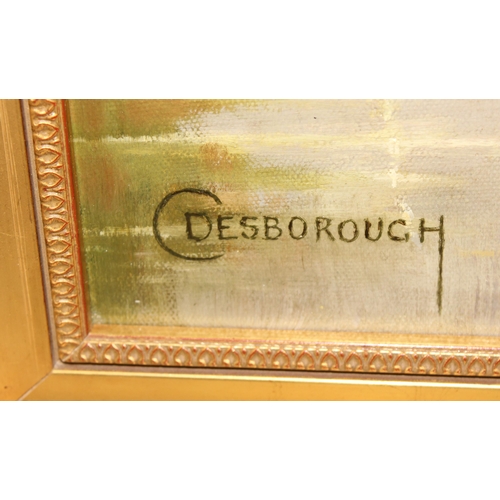 414 - Oil on board of a lake signed C Desbourough & 3 Victorian style prints