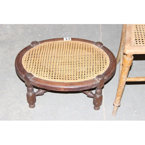 89 - An antique cane seated chair and a cane footstool (2)