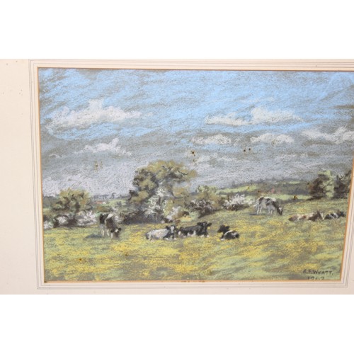 453 - R.E. Wyatt (XX), vintage pastel landscape of cattle grazing in a field, dated 1962, approx 57cm x 48... 