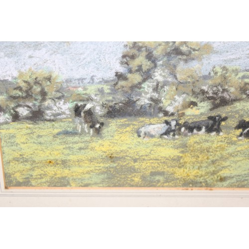 453 - R.E. Wyatt (XX), vintage pastel landscape of cattle grazing in a field, dated 1962, approx 57cm x 48... 