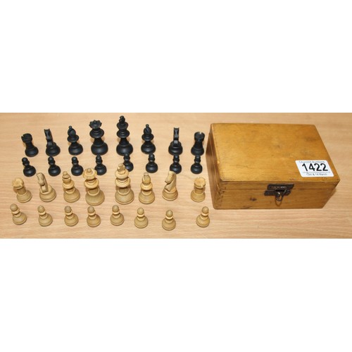 1422 - An early 20th century wooden chess set in box, the box inscribed 