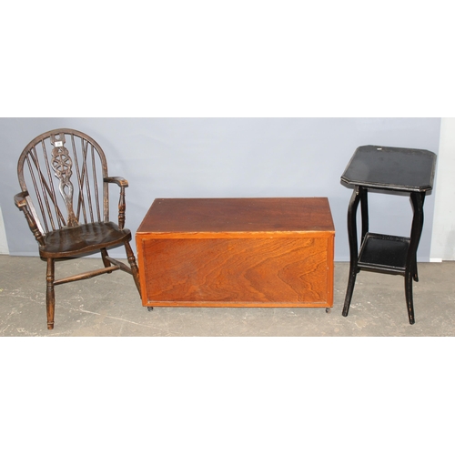 29 - A vintage wheelback country armchair, a black painted Edwardian side table and a wooden storage box ... 