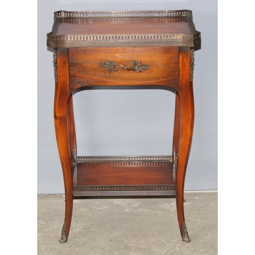 31 - A small antique style side table with drawer and metal gallery top, approx 45cm wide