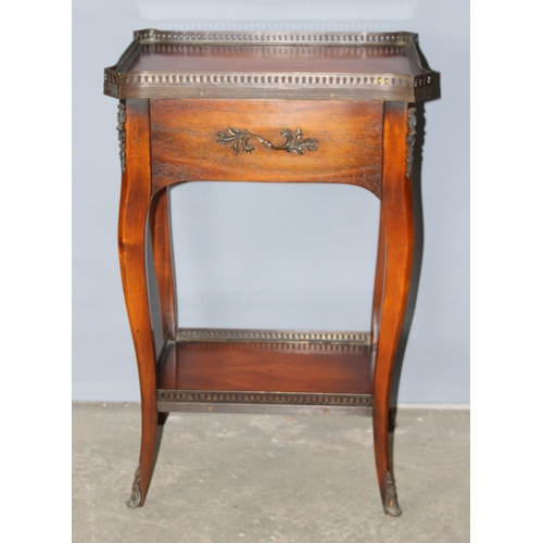 31 - A small antique style side table with drawer and metal gallery top, approx 45cm wide