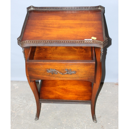 31 - A small antique style side table with drawer and metal gallery top, approx 45cm wide