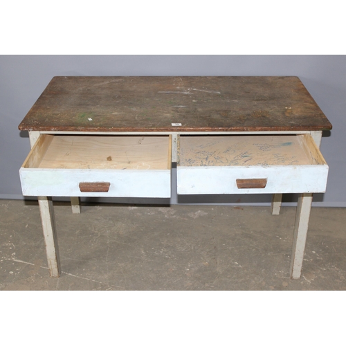 39 - A vintage painted 2 drawer desk or side table with mahogany top, approx 122cm wide