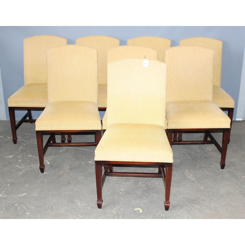 4 - A set of 8 19th century style dining chairs with yellow corduroy upholstery standing on wooden bases... 