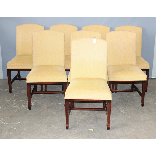 4 - A set of 8 19th century style dining chairs with yellow corduroy upholstery standing on wooden bases... 