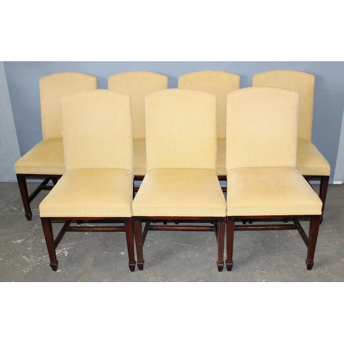 4 - A set of 8 19th century style dining chairs with yellow corduroy upholstery standing on wooden bases... 