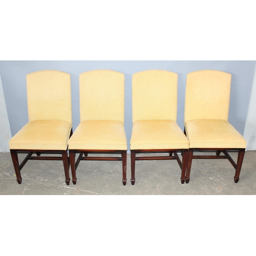 4 - A set of 8 19th century style dining chairs with yellow corduroy upholstery standing on wooden bases... 