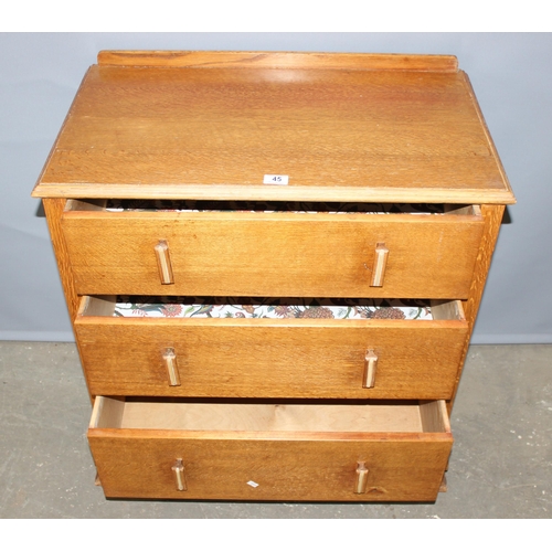 45 - An early 20th century oak 3 drawer chest of drawers, approx 77cm wide