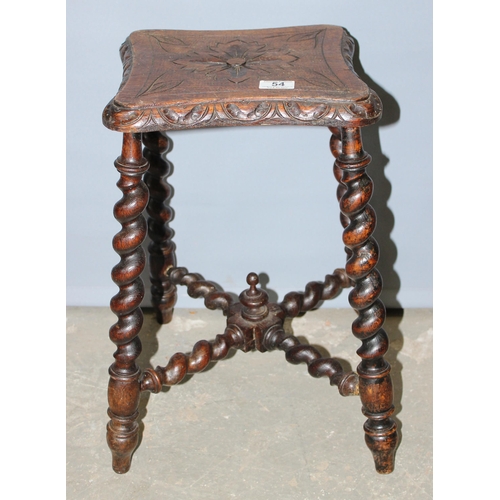 54 - A small vintage oak stool with carved top and barleytwist legs