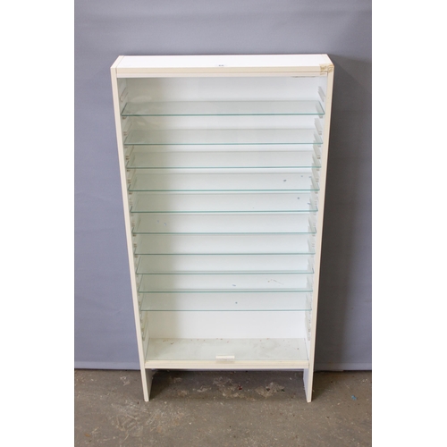 66 - White painted glass shelved display cabinet, approx 62cm wide, originally for display of toy cars