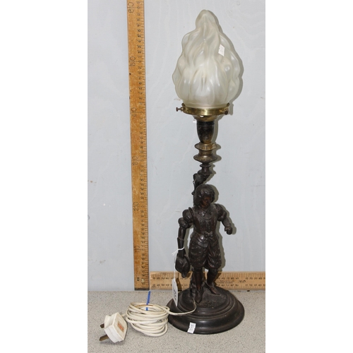 233 - An early 20th century bronzed spelter table lamp formed as a 17th century male figure, with glass sh... 