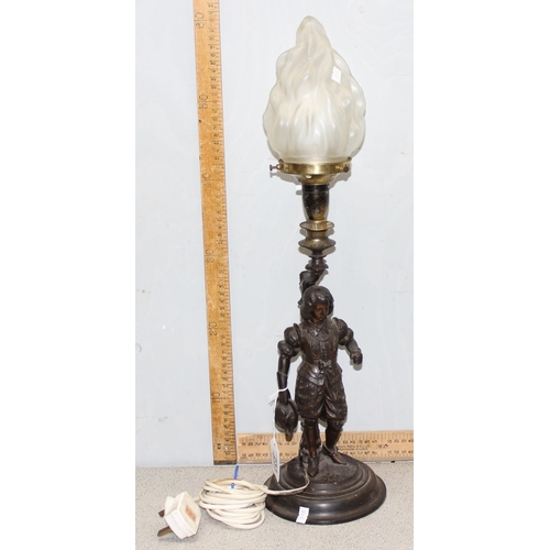 233 - An early 20th century bronzed spelter table lamp formed as a 17th century male figure, with glass sh... 