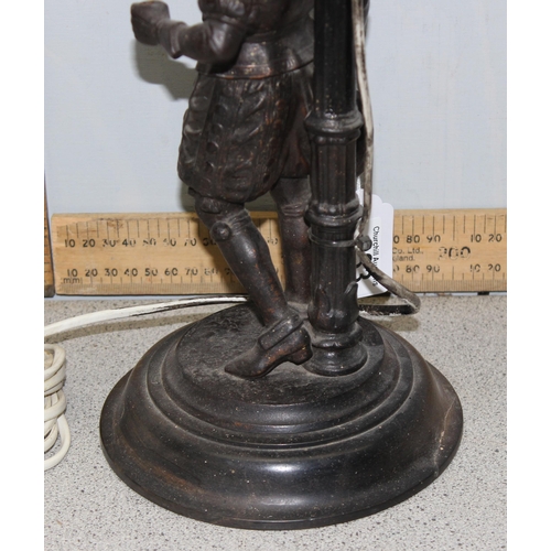 233 - An early 20th century bronzed spelter table lamp formed as a 17th century male figure, with glass sh... 