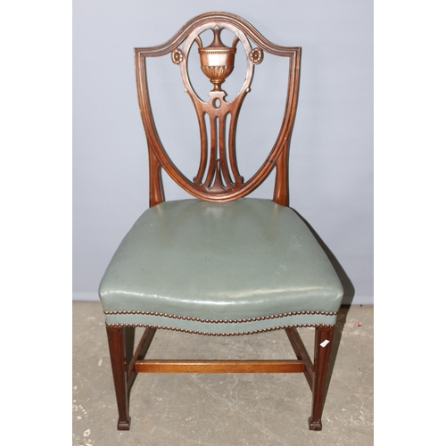 75 - A set of 4 19th century mahogany dining chairs with shield and urn backs and recovered studded green... 