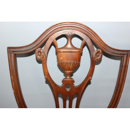 75 - A set of 4 19th century mahogany dining chairs with shield and urn backs and recovered studded green... 