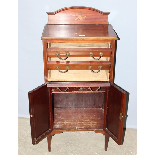 77 - An Edwardian inlaid mahogany music cabinet with 3 drawers over a cupboard, approx 53cm wide