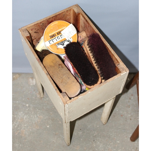 81 - A vintage wooden shoeshine box and contents and a small painted wooden stool (2)