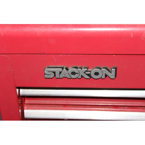 903 - A red Stack On wheeled toolbox and contents