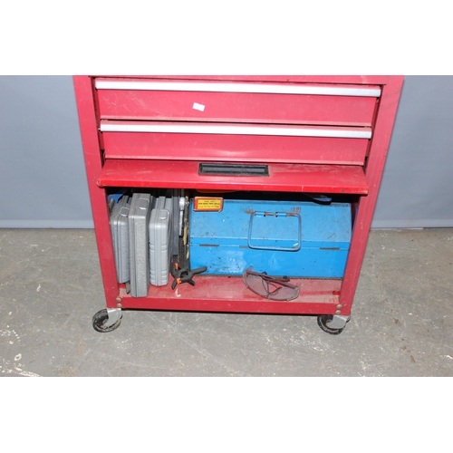 903 - A red Stack On wheeled toolbox and contents