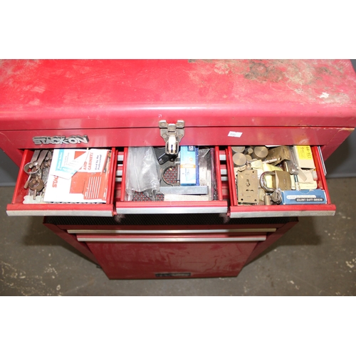 903 - A red Stack On wheeled toolbox and contents