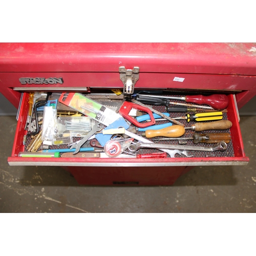 903 - A red Stack On wheeled toolbox and contents