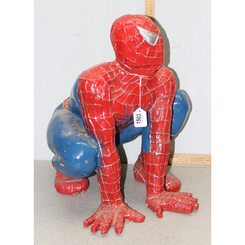 1503 - A painted composite model of Spiderman, previously a Harrods shop display model, approx 58cm high wi... 