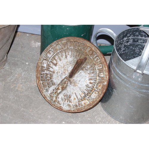 301 - 2 vintage galvanised watering cans, 3 vintage metal buckets and a cast iron sundial