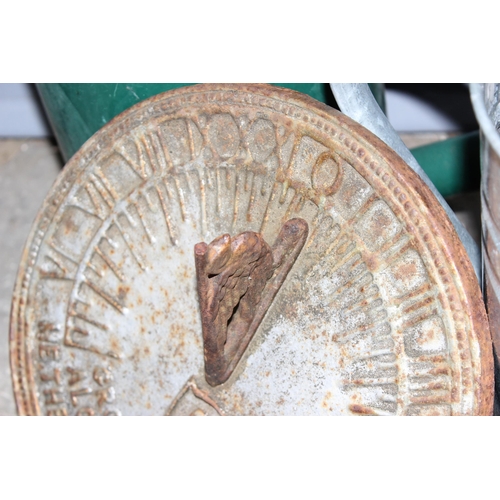 301 - 2 vintage galvanised watering cans, 3 vintage metal buckets and a cast iron sundial