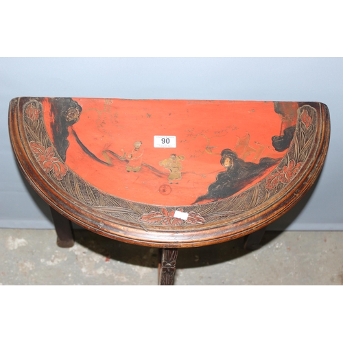 90 - An early 20th century Chinoiserie demi-lune side table with lacquered decoration, approx 60cm wide