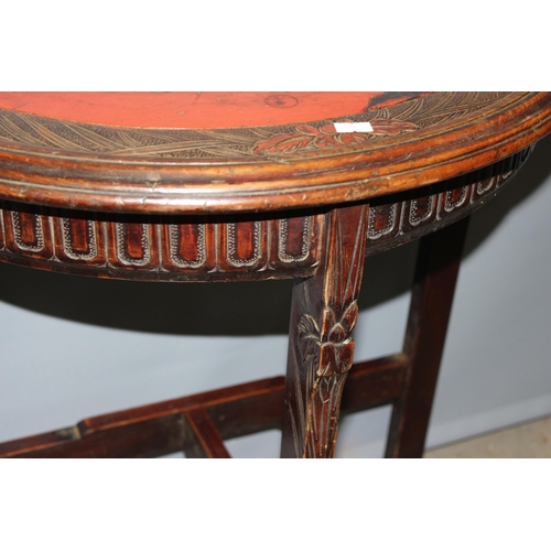 90 - An early 20th century Chinoiserie demi-lune side table with lacquered decoration, approx 60cm wide