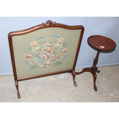 94 - A vintage mahogany wine table and a tapestry embroidered fire screen with craved frame  (2)