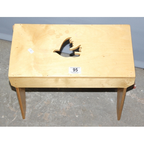 95 - A small wooden stool with fretwork bird cut out and an antique pine wall shelf (2)