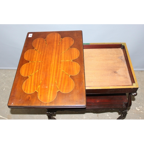 97 - An antique marquetry inlaid card table with fold over top and baize and leather lined interior, appr... 