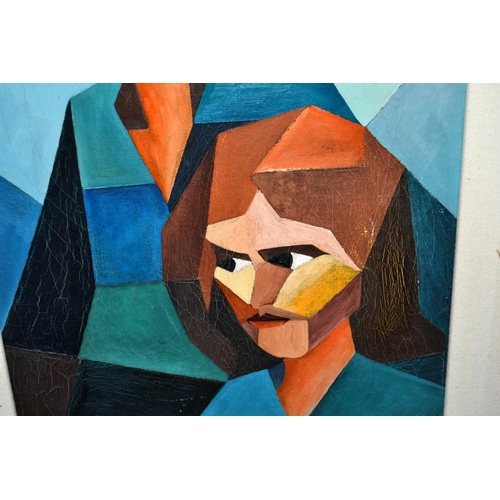 413 - An unusual Cubist style oil on canvas portrait of 2 figures - indistinctly signed and dated - Possib... 