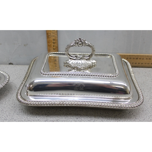 1002 - 3 antique silver plated entrée dishes of rectangular shape with gadrooned borders, one bearing armor... 