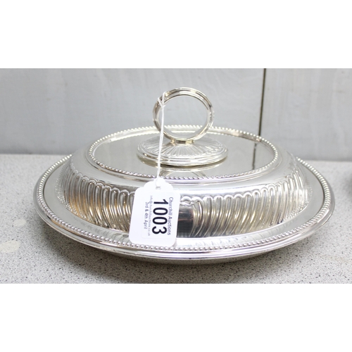 1003 - 2 antique silver plated entrée dishes of oval shape with, the larger approx 29cm wide