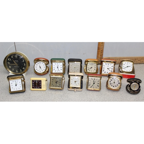 1302 - 13 folding travel clocks and a retro alarm clock. makers to include Coral and Junghans (14)