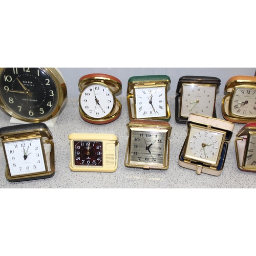 1302 - 13 folding travel clocks and a retro alarm clock. makers to include Coral and Junghans (14)