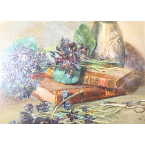 409 - Antique still life oil on board of cut flowers, signed R. Baker 1909. Approx size 36cm x 30cm