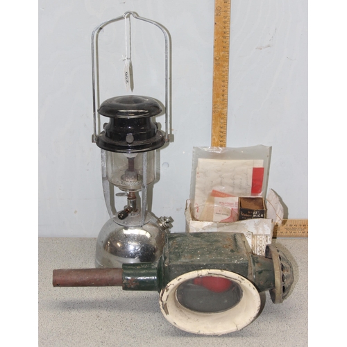 250 - Vintage Tilley lamp with some spares and a vintage painted coach lamp