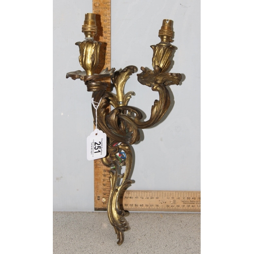 251 - Vintage brass rococo style 2 branch wall sconce, later converted to electricity