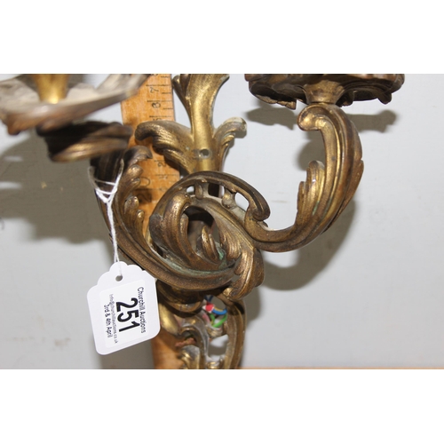 251 - Vintage brass rococo style 2 branch wall sconce, later converted to electricity